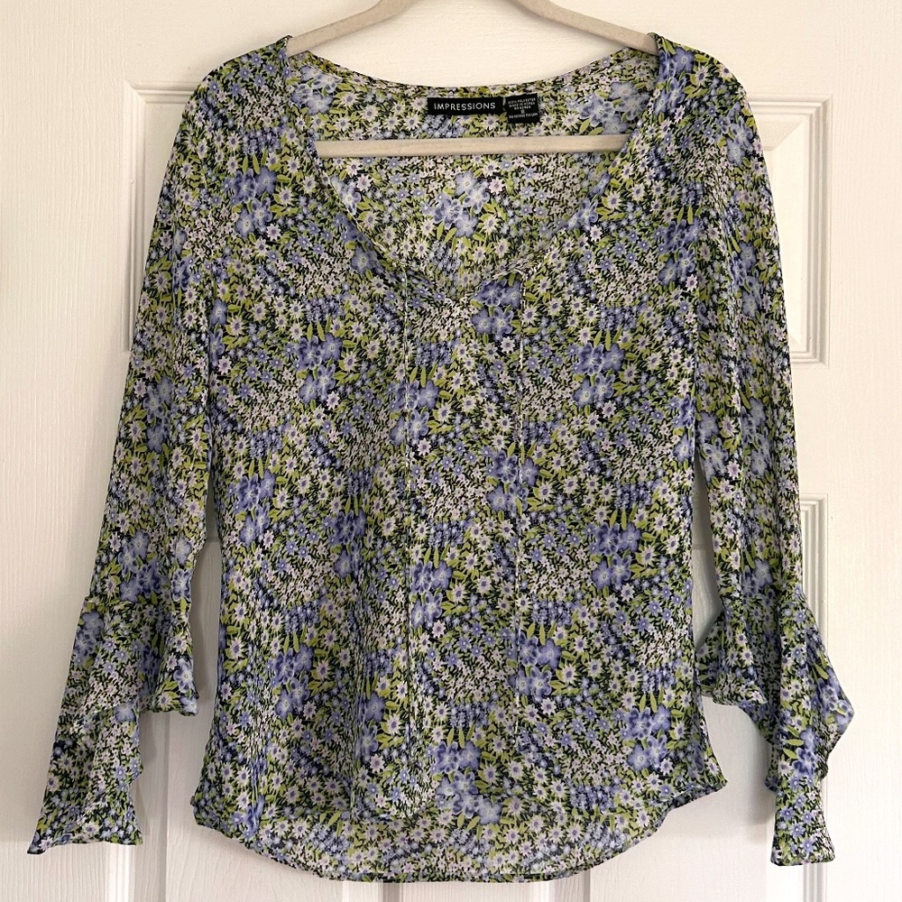 Impressions Floral Blouse - Black, White, Green, Purple